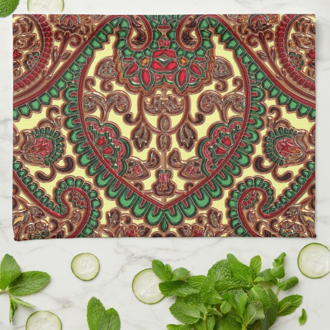 Victorian paisley floral jewel tone green red gold kitchen towel (Folded)