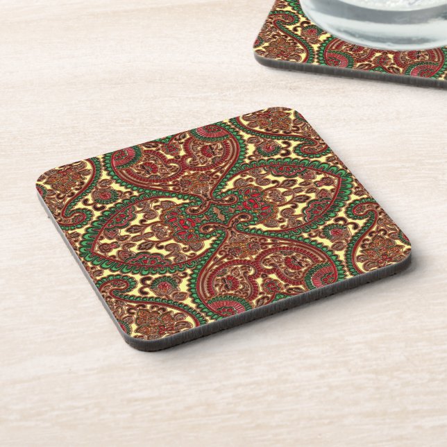 Victorian paisley pattern elegant red green gold coaster (Left Side)