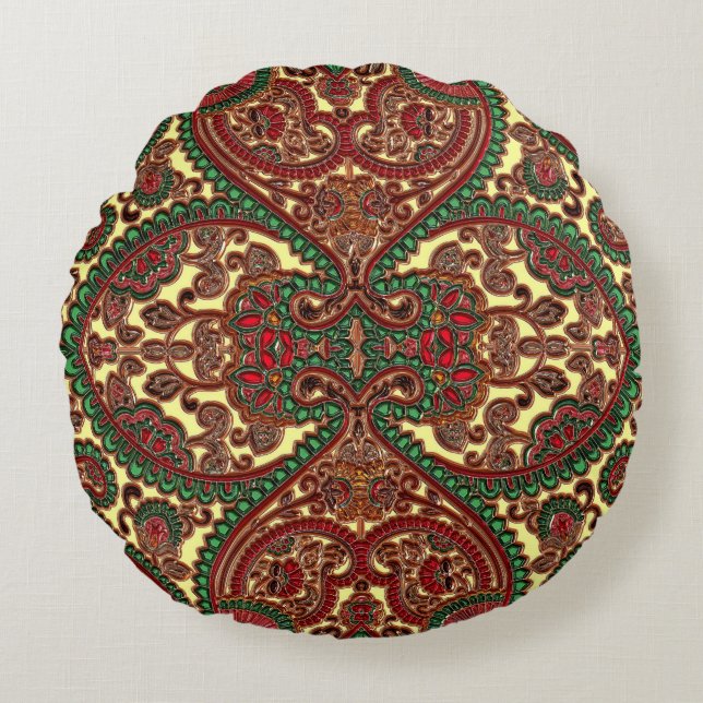 Victorian paisley pattern elegant red green gold round pillow (Front)