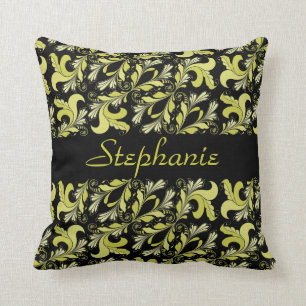 Victorian pattern, yellow, black, personalized throw pillow