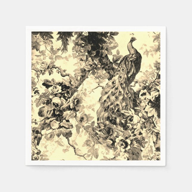 Victorian peacock floral toile elegant cream black napkin (Front)