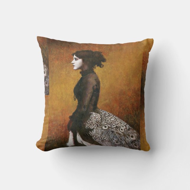 Victorian Peacock Girl Throw Cushion (Front)