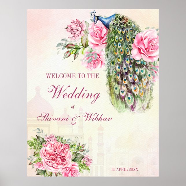 Victorian peacock vintage pink roses welcome poster (Front)