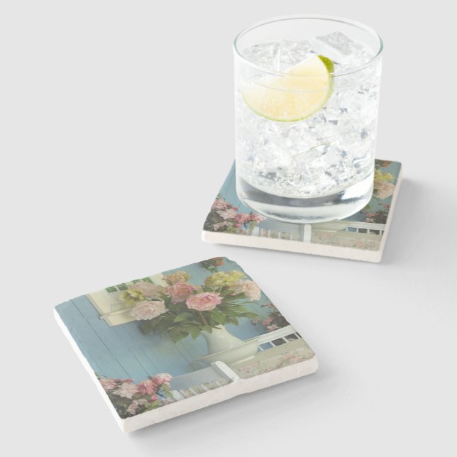 Victorian Peonies - Martha's Vineyard Stone Coaster (Side)