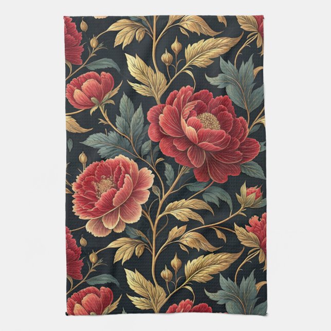 Victorian Peony Botanical Pattern Kitchen Towel (Vertical)