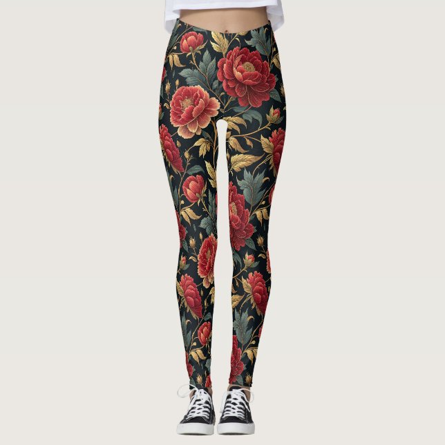 Victorian Peony Botanical Pattern Leggings (Front)