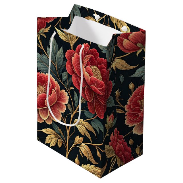 Victorian Peony Botanical Pattern Medium Gift Bag (Front Angled)
