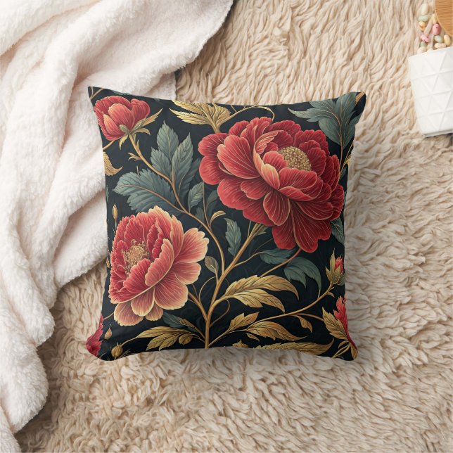 Victorian Peony Botanical Pattern Throw Pillow (Blanket)