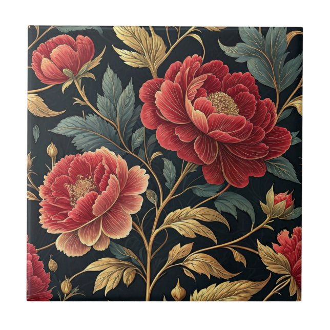 Victorian Peony Botanical Pattern Tile (Front)
