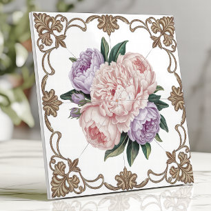 Victorian Peony Bouquet with Gold Scrollwork Tile