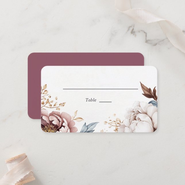 Victorian Peony Luxe Flat Wedding Place Card (Front/Back In Situ)