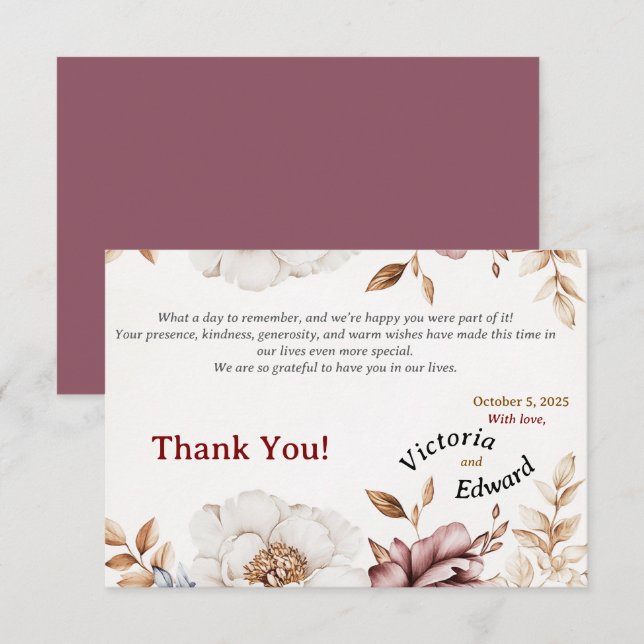 Victorian Peony Luxe Mariage Carte de remerciement (Devant / Derrière)