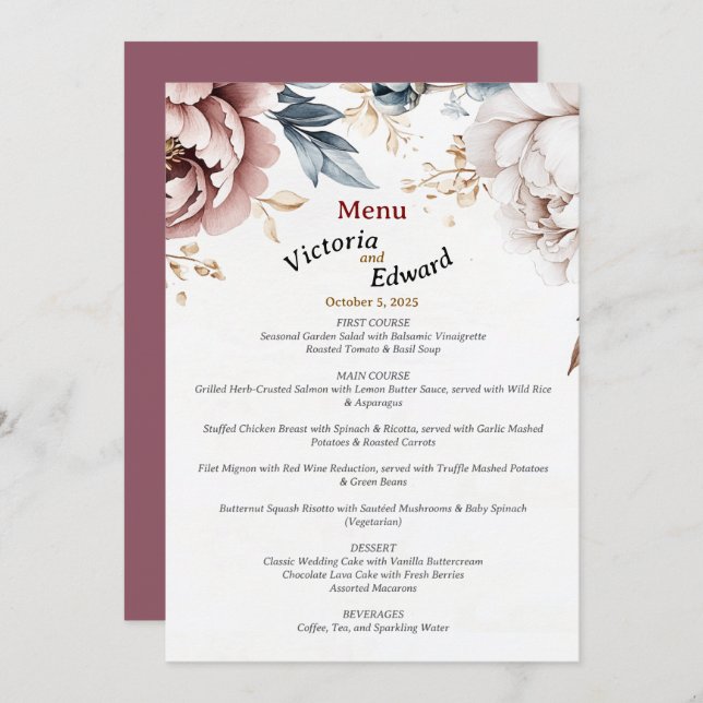 Victorian Peony Luxe Mariage Menu Card 5"x7" (Devant / Derrière)