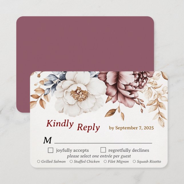 Victorian Peony Luxe Wedding RSVP Card Meal Choice (Front/Back)