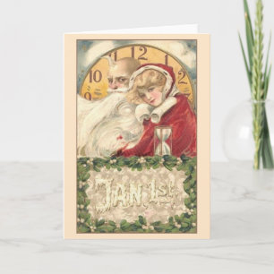 Victorian Père Heure Nouvel An Carte de voeux