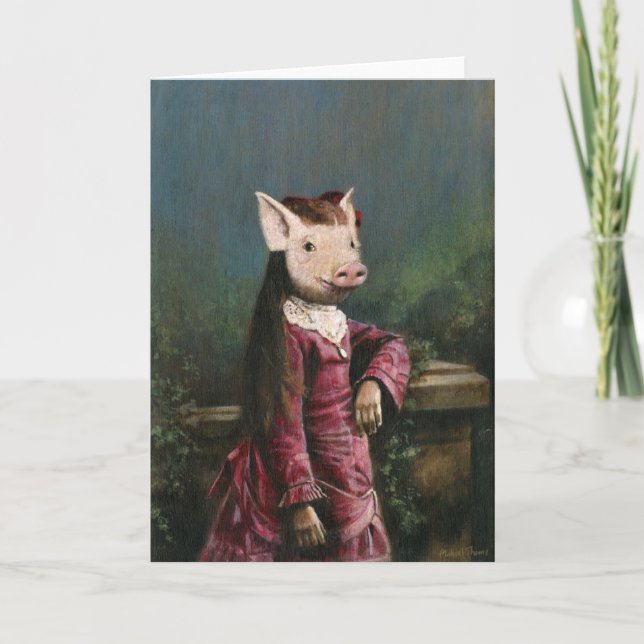 Victorian Piglet Girl Greetings Card (Front)