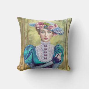 Victorian pillow, beautiful woman wearing a hat throw pillow