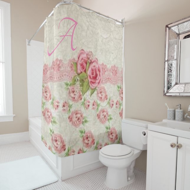 Victorian pink floral shower curtain (In Situ)