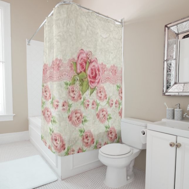 Victorian pink floral showercurtain (In Situ)