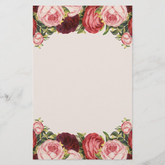 Victorian Pink Red Burgandy Cabbage Roses Stationery (Front)