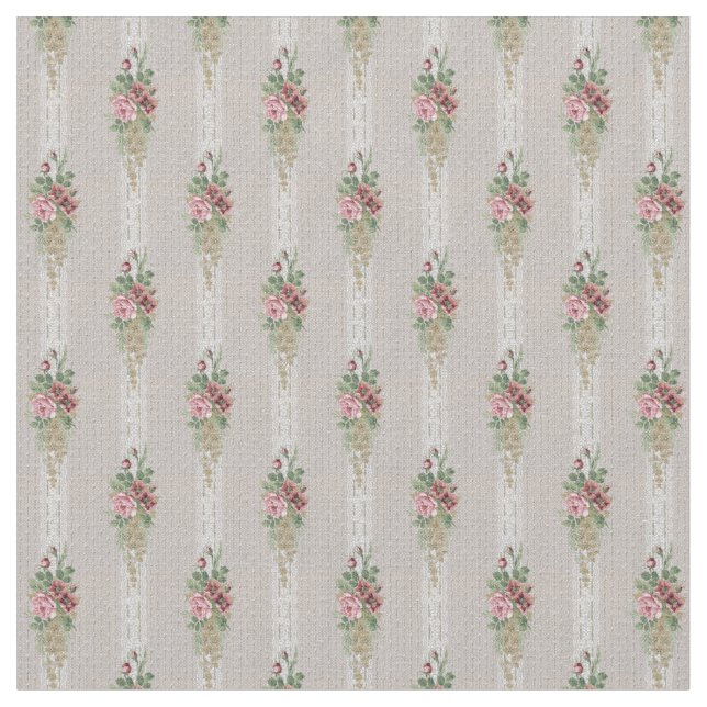 Victorian Pink Roses and White Lace Stripes Fabric (Close Up)