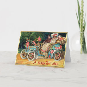Victorian Pink Roses Couple in Car Birthday Card