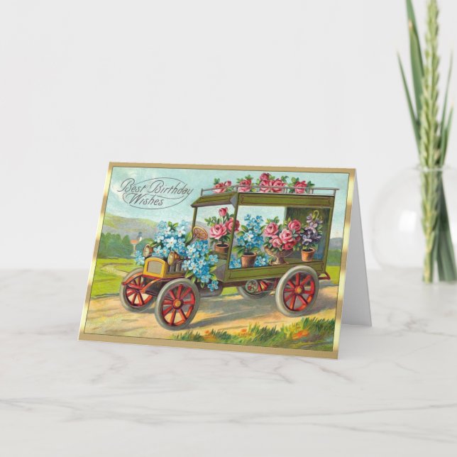 Victorian Pink Roses Forget-Me-Nots Car Birthday Card (Front)
