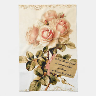 Victorian Pink Roses with Motivational Quote Kitchen Towel
