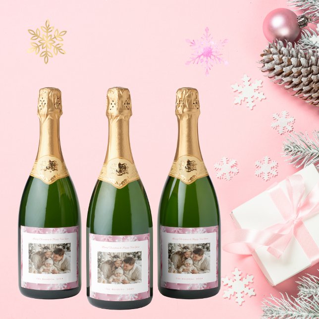 Victorian Pink Snowflake Christmas Photo Sparkling Wine Label (Pink Snowflake Christmas Photo Sparking Wine Labels)