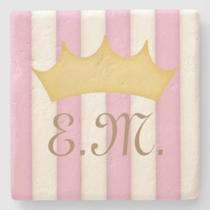 Victorian Pink Stripes Crowned Monogram Princess Stone Coaster