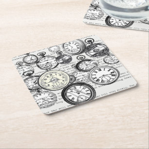 Victorian Pocket Watch Alice in Wonderland Square Paper Coaster