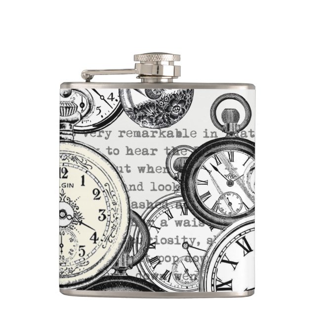 Victorian Pocket Watch Collage Alice in Wonderland Hip Flask (Front)