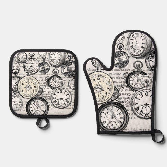Victorian Pocket Watch Collage Alice in Wonderland Oven Mitt & Pot Holder Set (Front)