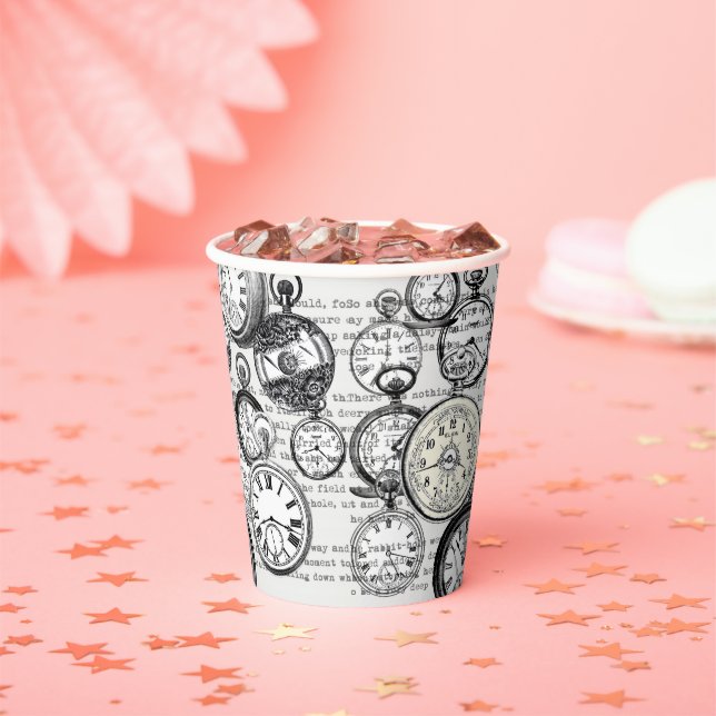 Victorian Pocket Watch Collage Alice in Wonderland Paper Cups (Insitu)