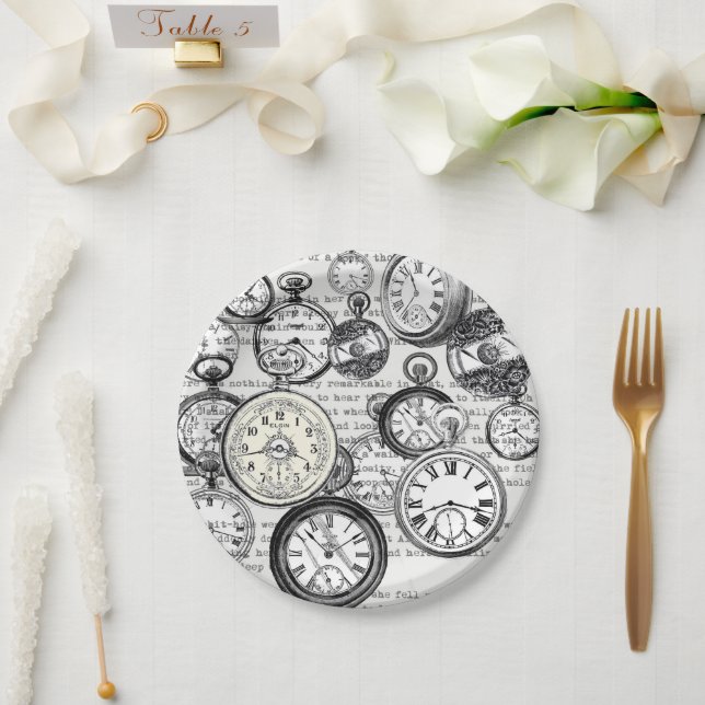 Victorian Pocket Watch Collage Alice in Wonderland Paper Plate (Wedding)