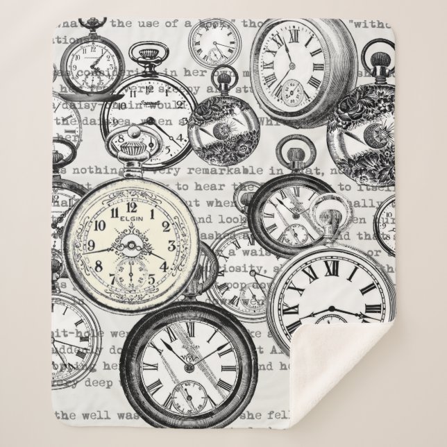 Victorian Pocket Watch Collage Alice in Wonderland Sherpa Blanket (Front)