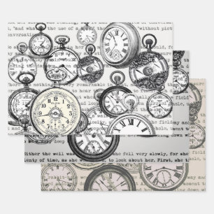 Victorian Pocket Watch Collage Alice in Wonderland Wrapping Paper Sheet
