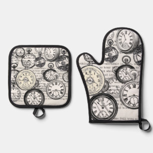 Victorian Pocket Watch Collage Alice Wonderland Oven Mitt & Pot Holder Set