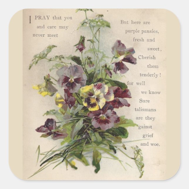 Victorian Poem Grey Purple Pansies Stickers (Front)