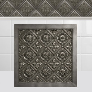 Victorian Pressed Tin Rosette Silver Metal Grid Tile