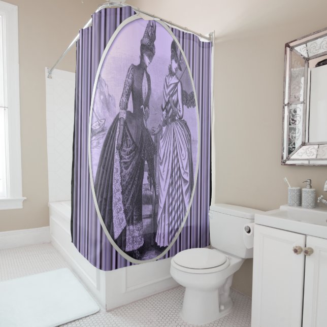 Victorian purple black stripe lady showercurtain (In Situ)