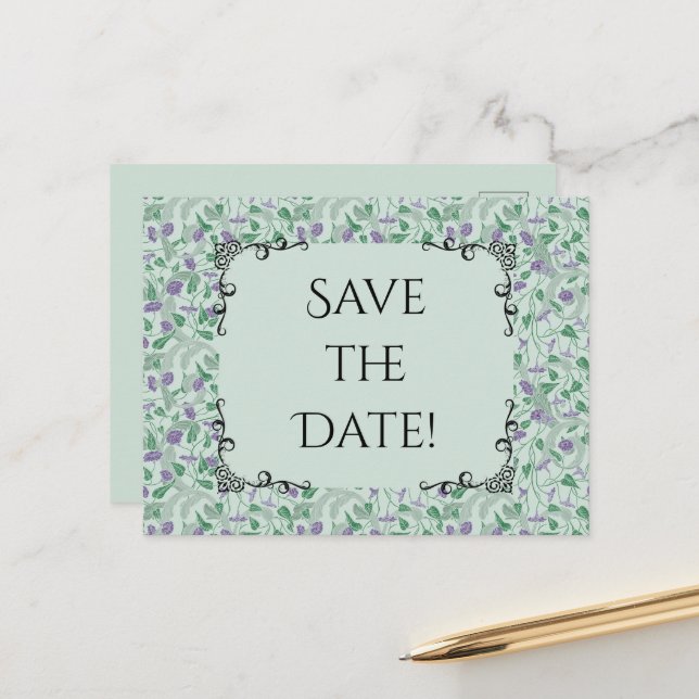 Victorian Purple Flower Ivy Save the Date Postcard (Front/Back In Situ)