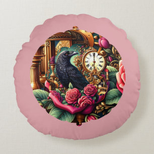 Victorian Raven with Vintage Flowers and Clockwork Round Pillow