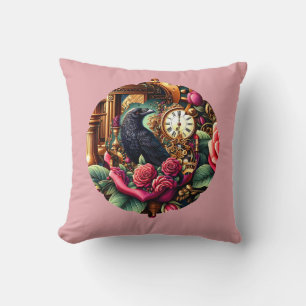 Victorian Raven with Vintage Flowers and Clockwork Throw Pillow