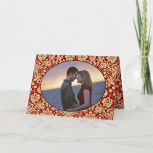 Victorian Red and Tan Floral Damask Photo Wedding Invitation