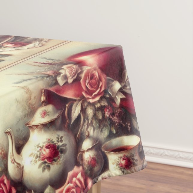  Victorian Red Rose Hat and Teapot Tablecloth (In Situ)