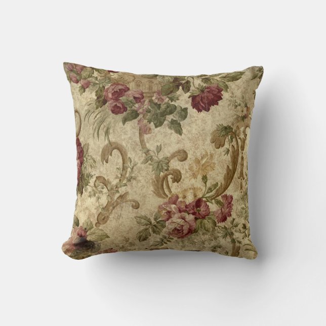 Victorian Red Roses and Scrolls Throw Pillow (Front)