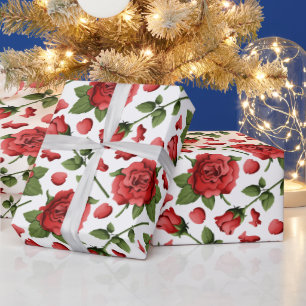 Victorian Red Roses Foliage Botanical Pattern Wrapping Paper