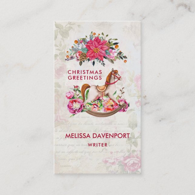 Victorian Rocking Horse & Poinsettia Christmas Business Card (Front)