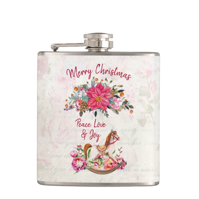 Victorian Rocking Horse & Poinsettia Christmas Hip Flask (Front)